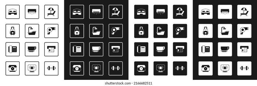 Set Sunbed with umbrella, Bathtub, Suitcase, Hotel room, Hair dryer, Air conditioner, Credit card and Telephone handset icon. Vector