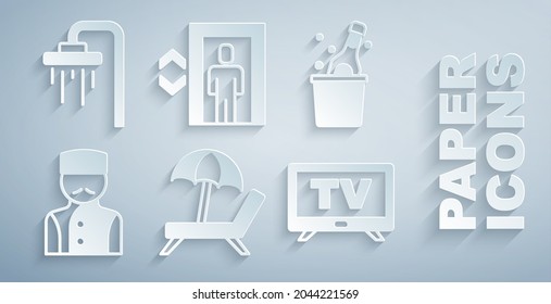 Set Sunbed with umbrella, Bottle of champagne, Concierge, Smart Tv, Lift and Shower icon. Vector