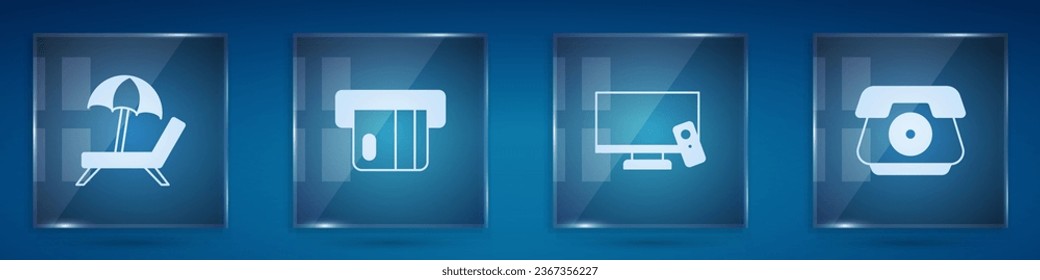 Set Sunbed with umbrella, Credit card, Smart Tv and Telephone handset. Square glass panels. Vector
