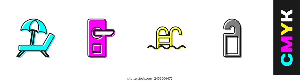 Set Sunbed with umbrella, Digital door lock, Swimming pool and Please not disturb icon. Vector