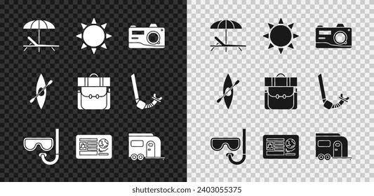 Set Sunbed and umbrella, Photo camera, Diving mask snorkel, Passport with visa stamp, Rv Camping trailer, Kayak canoe paddle and Hiking backpack icon. Vector