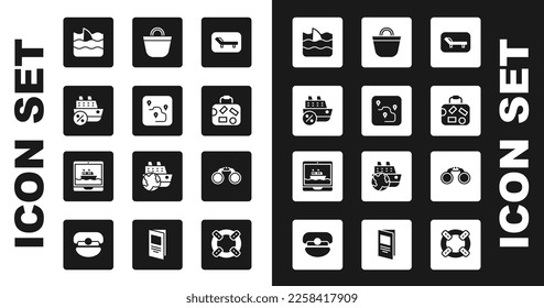 Set Sunbed and umbrella, Route location, Cruise ship, Shark fin in ocean wave, Suitcase, Beach bag, Binoculars and  icon. Vector