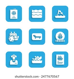 Set Sunbed and umbrella, Sinking cruise ship, Cruise, Tourist, Tropical island ocean and Passport icon. Vector