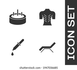 Set Sunbed and umbrella, Swimming pool with ladder, Pipette and Massage icon. Vector