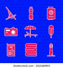 Set Sunbed and umbrella, Towel stack, Lighthouse, Ice cream, Travel brochure, Photo camera, Passport with ticket and  icon. Vector