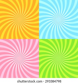 Set of sunburst backgrounds. Collection of four starburst twister textures. Vector illustration