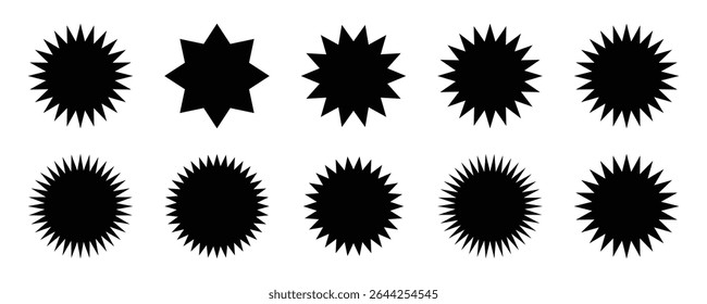 Set sunburst badges. Set of black price sticker, sale or discount sticker, sunburst badges icon. Stars shape with different, black silhouettes, shining lights and sparks of bright glowing