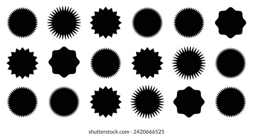 Set sunburst badges. Set of vector starburst, sunburst badges. Simple flat style vintage labels, stickers. Collection star label. Different starburst 4 5 8