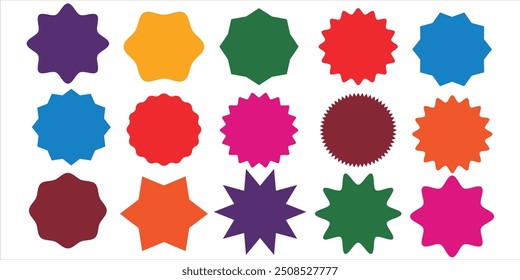 Coloca insignias de rayos de sol. Conjunto de Vector starburst, insignias sunburst. Etiquetas vintage de estilo plano simple, pegatinas. Etiqueta de estrella de colección. Diferente estallido estelar