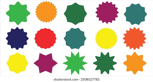 Coloca insignias de rayos de sol. Conjunto de Vector starburst, insignias sunburst. Etiquetas vintage de estilo plano simple, pegatinas. Etiqueta de estrella de colección. Diferente estallido estelar