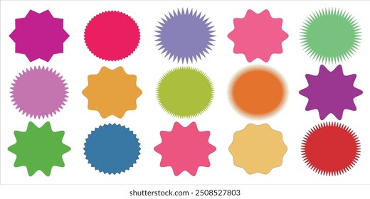 Coloca insignias de rayos de sol. Conjunto de Vector starburst, insignias sunburst. Etiquetas vintage de estilo plano simple, pegatinas. Etiqueta de estrella de colección. Diferente estallido estelar