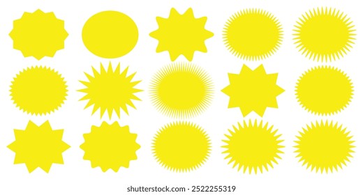 Set sunburst badges. Set of vector starburst, sunburst badges. Simple flat style vintage labels, stickers. Collection star label. Different starburst.