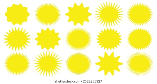 Definir distintivos de explosão solar. Conjunto de selos de estreptococos vetoriais, estreptococos. Simples estilo liso vintage etiquetas, adesivos. Rótulo de estrela da coleção. Estrelas diferentes.