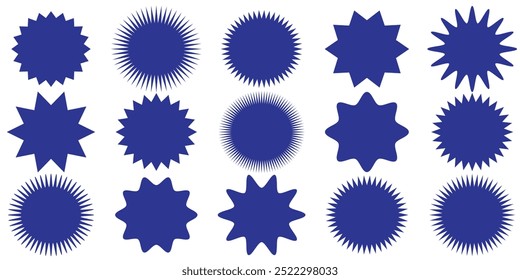 Setzen Sie Sonnenaufgangsabzeichen. Set von Vektorstarburst, Sunburst-Abzeichen. Einfache flache Stil Vintage-Etiketten, Aufkleber. Sternetikett der Sammlung. Verschiedene Sterne.