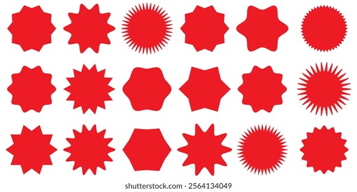 Set sunburst badges. Set of vector starburst, sunburst badges. Simple flat style vintage labels, stickers. Collection star label. Different starburst