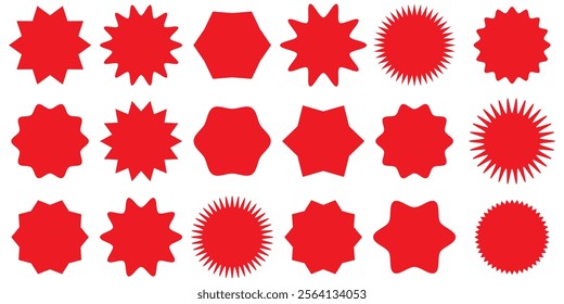 Set sunburst badges. Set of vector starburst, sunburst badges. Simple flat style vintage labels, stickers. Collection star label. Different starburst