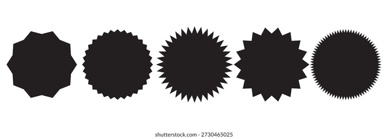 Setzen Sie Sonnenaufgangsabzeichen. Set von Vektorstarburst, Sunburst-Abzeichen. Einfache flache Stil Vintage-Etiketten, Aufkleber. Sternetikett der Sammlung. Verschiedene Sternzeichen