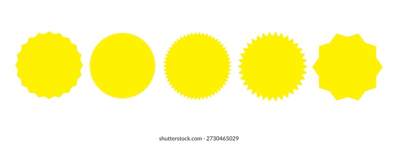 Setzen Sie Sonnenaufgangsabzeichen. Set von Vektorstarburst, Sunburst-Abzeichen. Einfache flache Stil Vintage-Etiketten, Aufkleber. Sternetikett der Sammlung. Verschiedene Sternzeichen