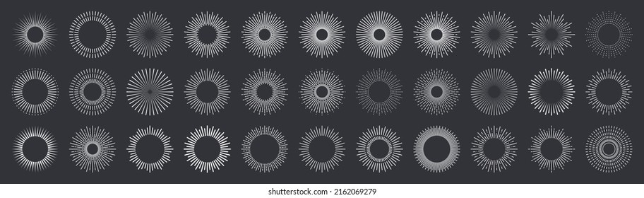 Set of Sunburst. Big collection sunburst best quality. Star, firework explosion, logo, emblem, tag. Web banner. Vector Illustration.