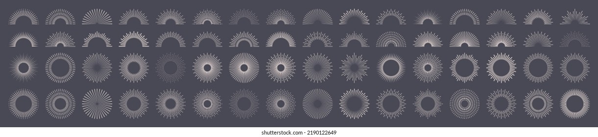 Juego de Sunburst. Gran colección de arrebatos de sol de la mejor calidad. Estrella, explosión de fuegos artificiales, logo, emblema, etiqueta. Banner web. Ilustración vectorial.