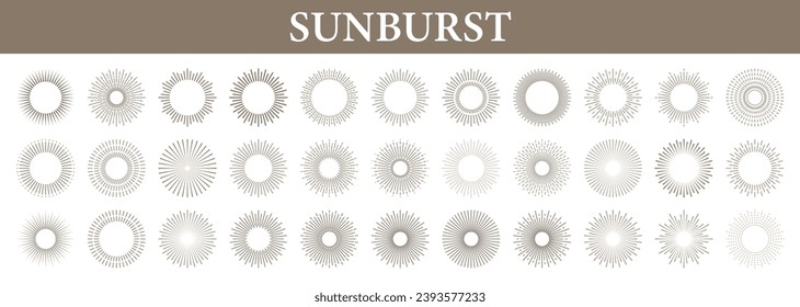 Set of Sunburst. Big collection sunburst best quality. Star, firework explosion, logo, emblem, tag. Web banner. Vector Illustration.	