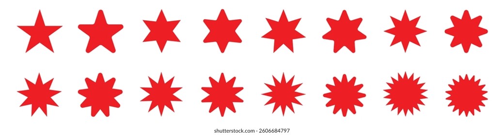Set of sunburst circle tags, red star or sun shaped sale stickers. Promotional sticky notes and labels.	
