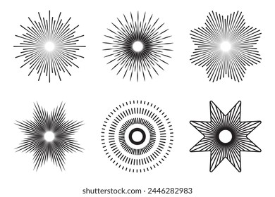 Conjunto de Elementos de diseño Sunburst. Vector de círculo de línea Abstractas. Elementos redondos de la decoración del amanecer ligero. Estallido solar radial. Vigas circulares de Vector.    Ilustración vectorial.