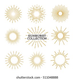 Set of sunburst design elements gold color isolated on background. Vintage style elements for graphic and website design. Vector light rays elements. Vector Illustration