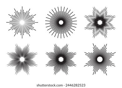 Set von Sunburst-Design-Elementen. Sonnenaufgang Licht Runde Dekoration Elemente. Radialer Sonnenausbruch. Kreisförmige Balken Vektorgrafik.  Vektorgrafik des Abstrakten Linienkreises.  Vektorillustration.