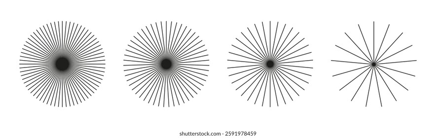 Set of Sunburst element, radial stripes. Ray beams, burst. Sun star rays. Spokes with radiating stripes grid. Radial circle radiation lines. Circular lines. Outline abstract graphic illusion pattern.