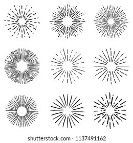 Set of sunburst elements on white background for emblem, sign, poster, card, t shirt. Vector illustration