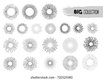 Set of sunburst frames. Sun burst shape. Firework design element. Old light rays, starburst. Vintage explosion logo, label, badge. Retro style. Freehand drawing. Vector. Isolated on white background