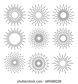 Set of sunburst geometric shapes stars and light ray icon isolated on white background. Vector illustration.