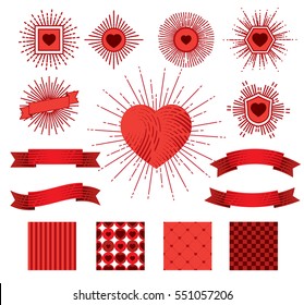 Set of sunburst, hearts, ribbons and patterns for celebrating Valentines Day.