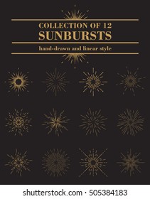Set of sunburst in linear hand drawn style. Round sunbeams or ring of shining beams, luminosity flare or radial radiant. Sunset or sunrise, star or starburst backdrop template theme