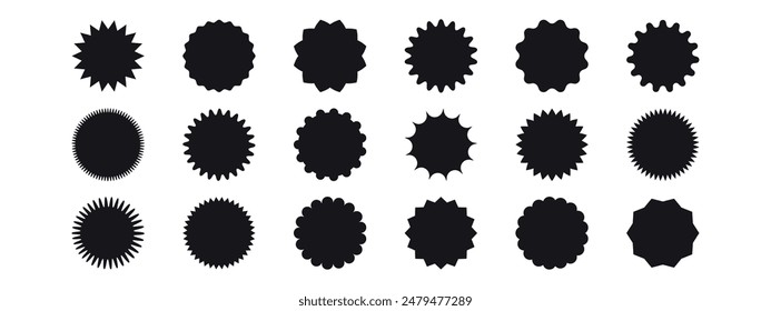 Set of sunburst stickers. Price tags with zig zag, scallop, wavy edges. Kit of badges, stamps, labels, speech bubbles isolated on white background.