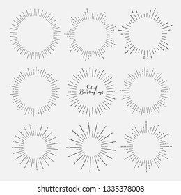 Set of sunburst style isolated on white background, Bursting rays vector illustration.