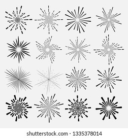 Set of sunburst style isolated on white background, Bursting rays vector illustration.