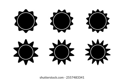 Set of sunburst, sunlight or sunshine icons. Round badges, stamps or labels with wavy edges. Collection of discount, sale, promotion or quality stickers isolated on white background.