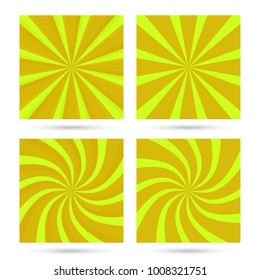 Set of sunburst and swirl radial pattern backgrounds. Colorful, bright twirl rays. Vibrant beams. vector
