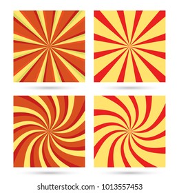 Set of sunburst and swirl radial pattern backgrounds. Colorful, bright twirl rays. Vibrant beams. vector