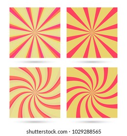 Set of sunburst and swirl radial pattern backgrounds. Colorful, bright twirl rays. Vibrant beams. vector
