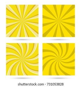 Set of sunburst and swirl radial pattern backgrounds. Colorful, bright twirl rays. Vibrant beams. vector