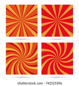 Set of sunburst and swirl radial pattern backgrounds. Colorful, bright twirl rays. Vibrant beams. vector