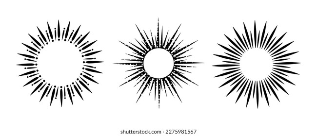 Set of sunburst Vector frame. Vintage sun rays isolated on white background. Firework burst, Vector illustration