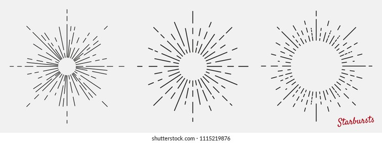Set of sunburst. Vintage design elements. Light rays isolated on a white background. Vector Illustration