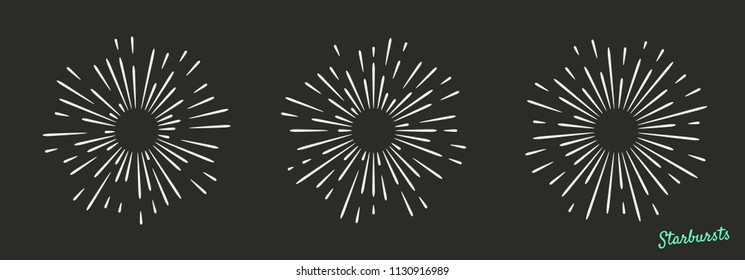 Set Of Sunburst. Vintage Design Elements. Light Rays Isolated On A Black Background. Vector Illustration