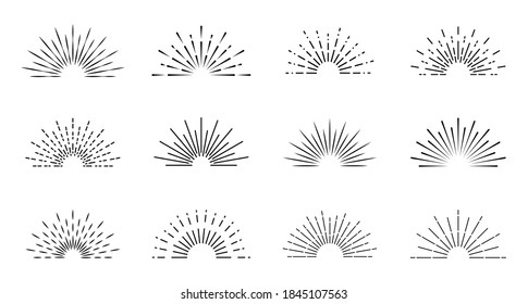 Set of sunburst. Vintage sunburst line icons. Explosion, firework, sparks, star light, rays sunset. Elements for logo, tag, emblem, banner. Vector illustration.