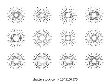 Set of sunburst. Vintage sunburst line icons. Explosion, firework, sparks, star light, rays sunset. Elements for logo, tag, emblem, banner. Vector illustration.