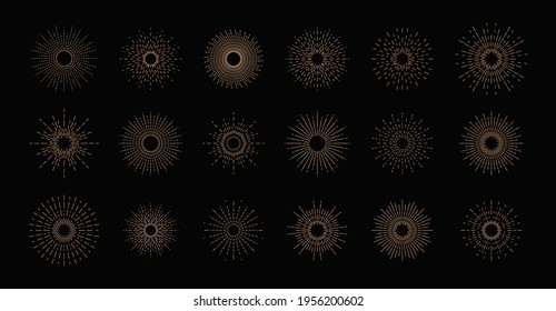 Set of sunbursts. Graphic burst of sunshine light. Star, firework explosion, logo, emblem, tag.